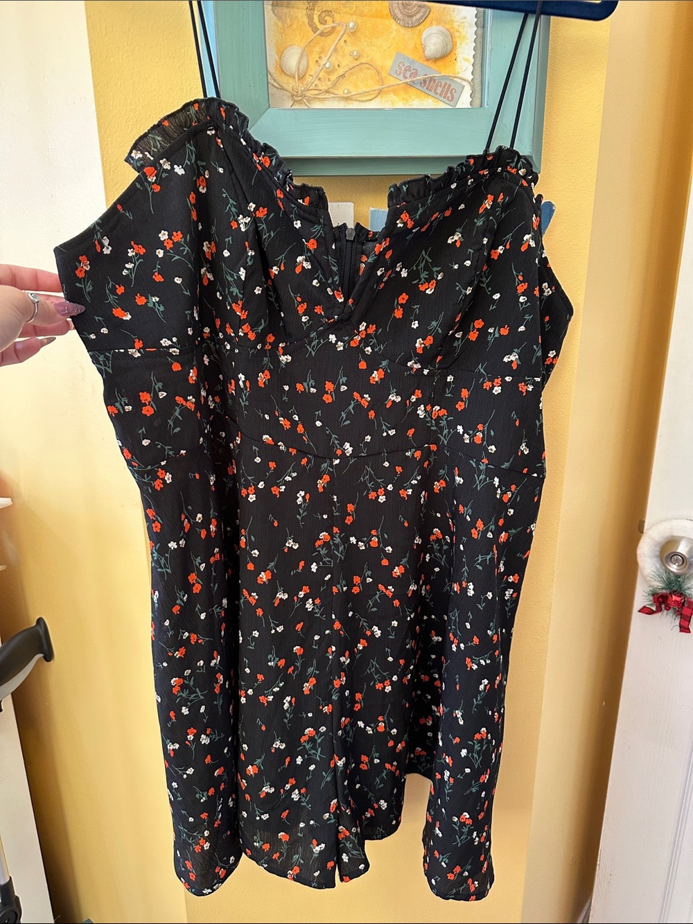 Black Floral Sundress with Red and White Bud Print
